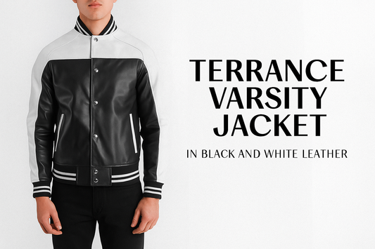 Terrance Varsity Jacket in Black and White Leather – Bold Elegance for Every Season
