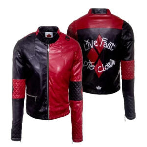 Black and red leather jacket with 'Live Fast Die Clown' text on a white background