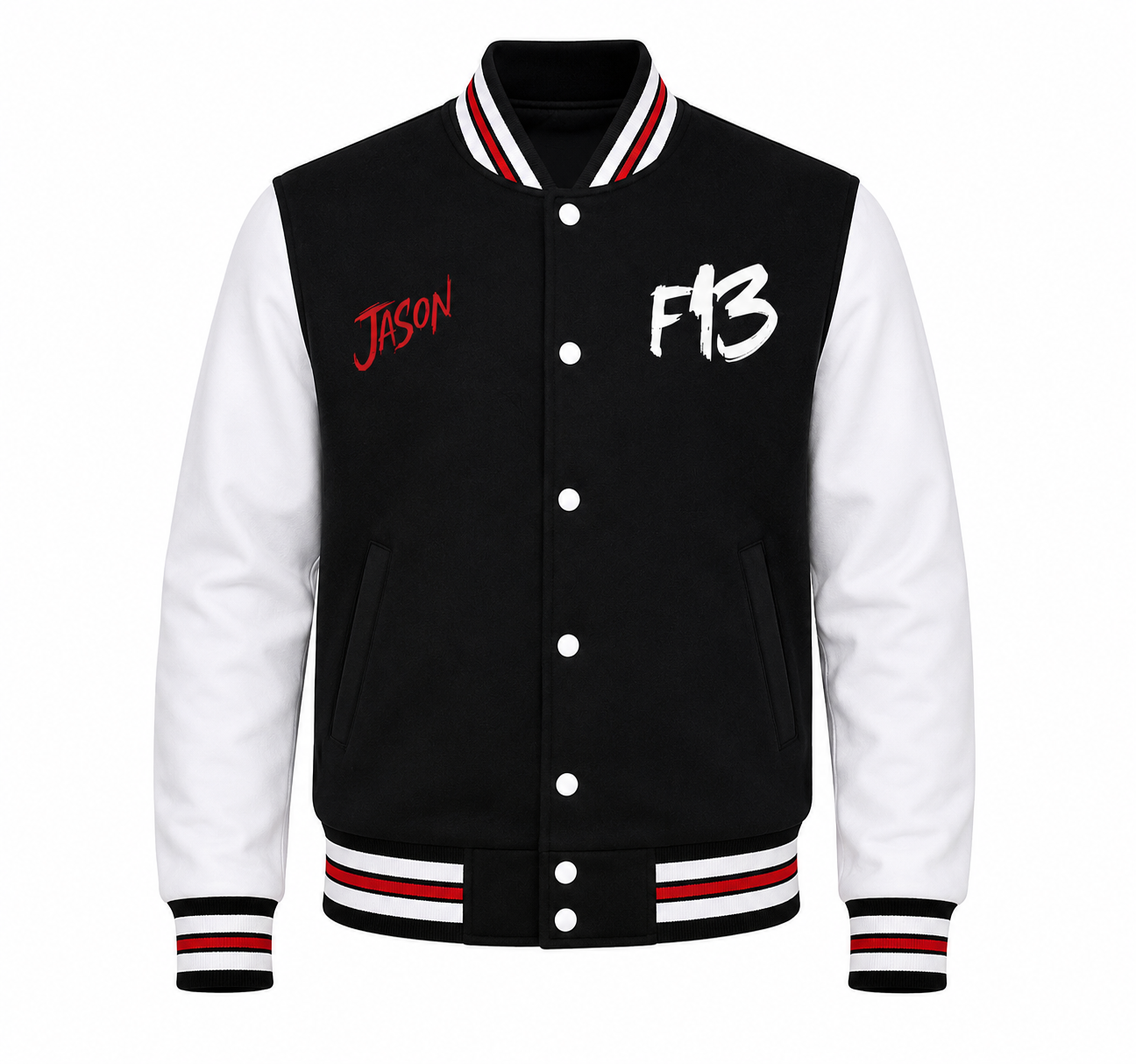 A black and white varsity jacket with red and white striped ribbing, featuring 'JASON' in red script on the left chest and 'F13' in white block letters on the right chest.
