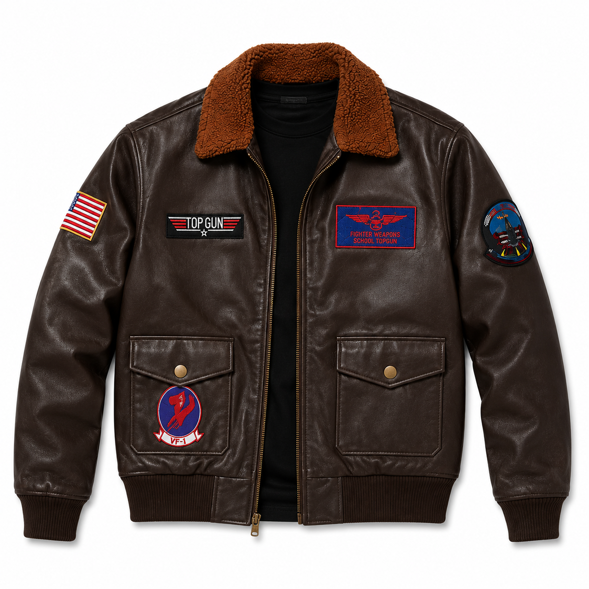 A dark brown leather bomber jacket with a brown sherpa collar, featuring multiple embroidered patches including an American flag on the right sleeve, a 'TOP GUN' patch, a winged emblem on the left chest, and other military-style insignia on the pockets and left sleeve.
