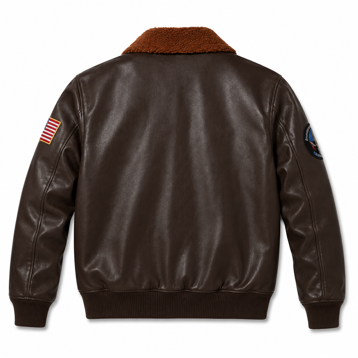 A dark brown faux leather bomber jacket shown from the back, featuring a brown sherpa collar, ribbed cuffs and hem, an American flag patch on the right sleeve, and a circular patch on the left sleeve.