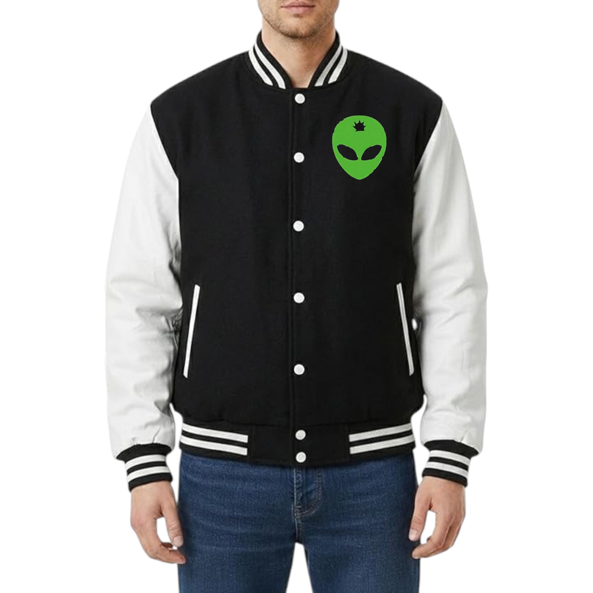Black and white varsity jacket with green alien symbol on a white background