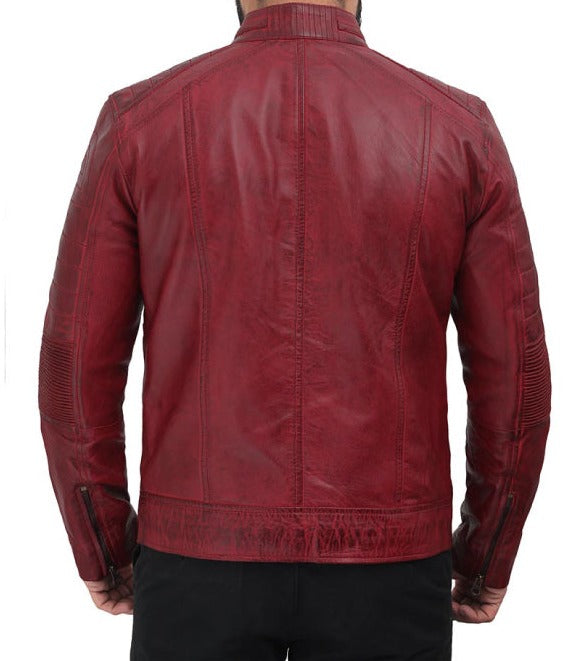 A man wearing a distressed red leather jacket, shown from the back against a plain white background.