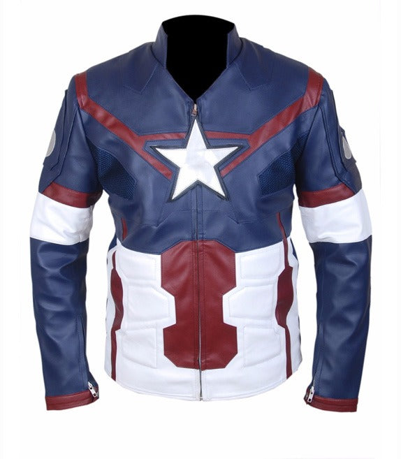 Captain America themed motorcycle jacket in a blue, white, and red faux leather material, featuring a large white star on the chest.
