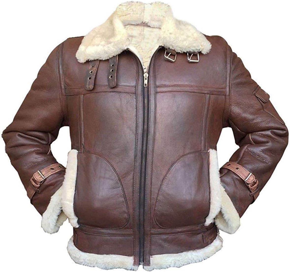 A brown leather aviator jacket with a cream-colored shearling lining on the collar, cuffs, pockets, and hem, shown against a plain white background.