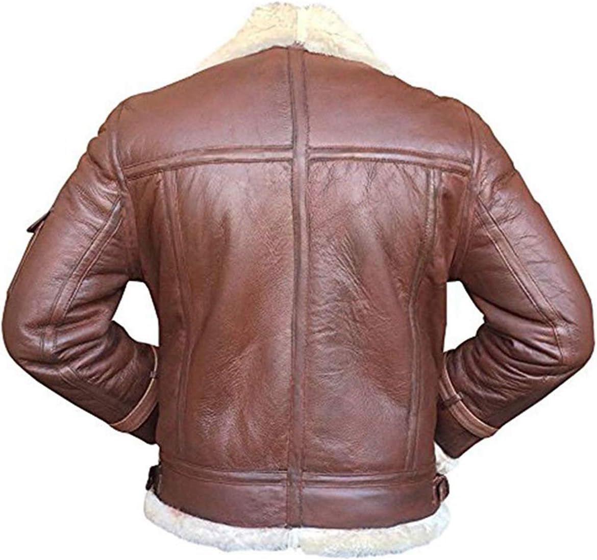 Brown leather aviator jacket with white shearling lining, shown from the back on a white background.