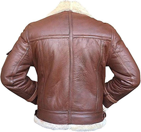Brown leather aviator jacket with white shearling lining, shown from the back on a white background.