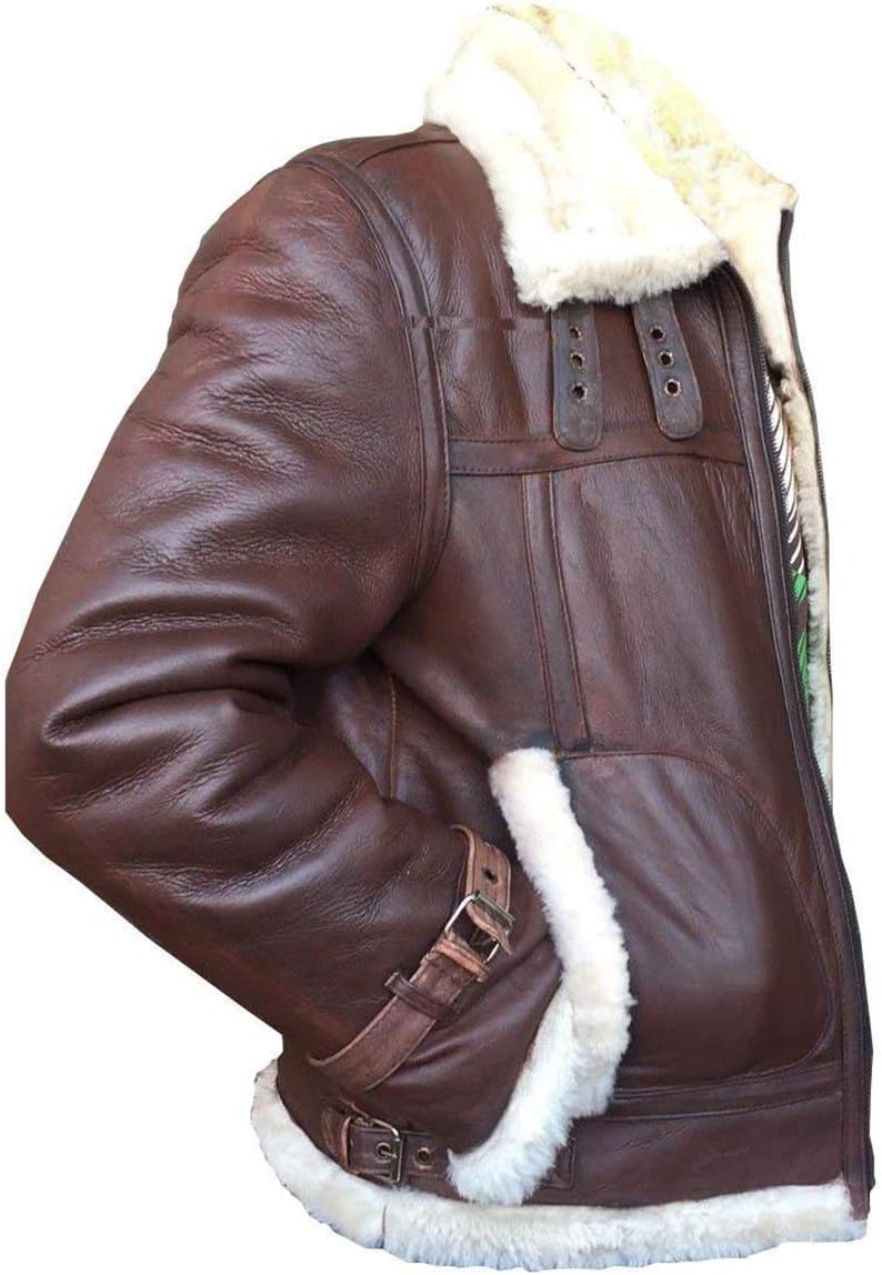 A brown leather aviator-style jacket with a thick white shearling lining, shown from a side profile view against a plain white background.