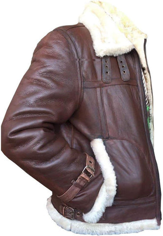A brown leather aviator-style jacket with a thick white shearling lining, shown from a side profile view against a plain white background.