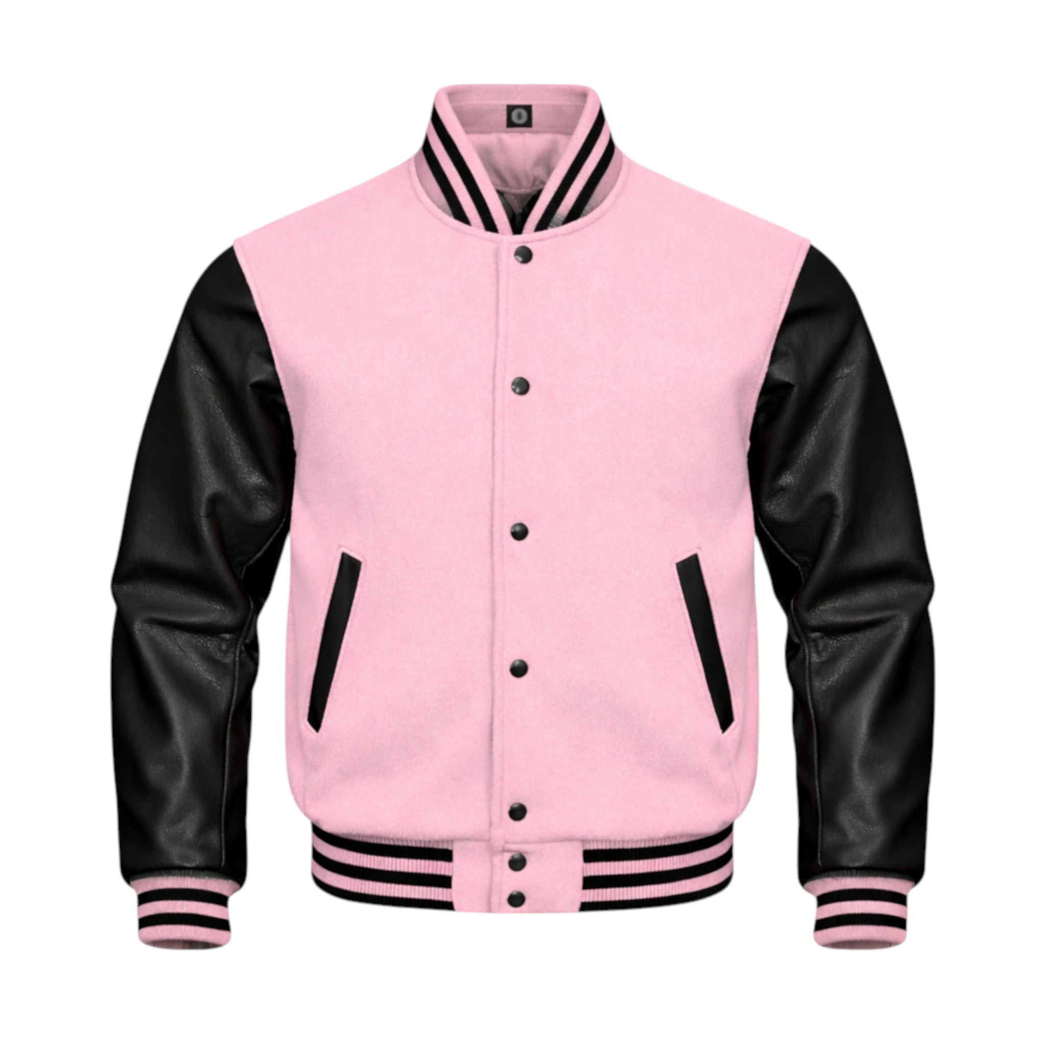 A varsity-style jacket with a Baby Pink body and white sleeves, featuring white buttons, white striped ribbing, and white diagonal chest accents, shown on a plain white background.