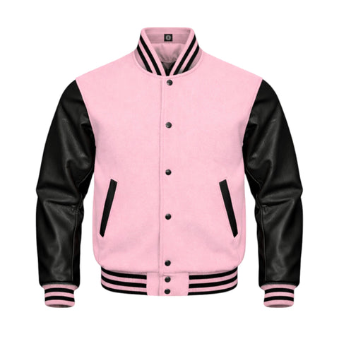 A varsity-style jacket with a Baby Pink body and white sleeves, featuring white buttons, white striped ribbing, and white diagonal chest accents, shown on a plain white background.