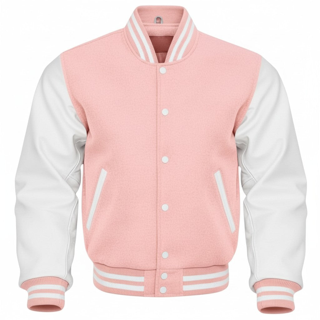 Baby Pink and white varsity jacket on a white background