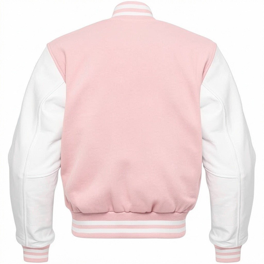 Baby Pink and white varsity jacket on a white background