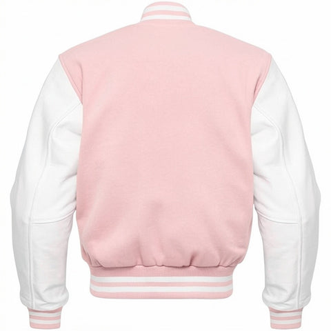 Baby Pink and white varsity jacket on a white background