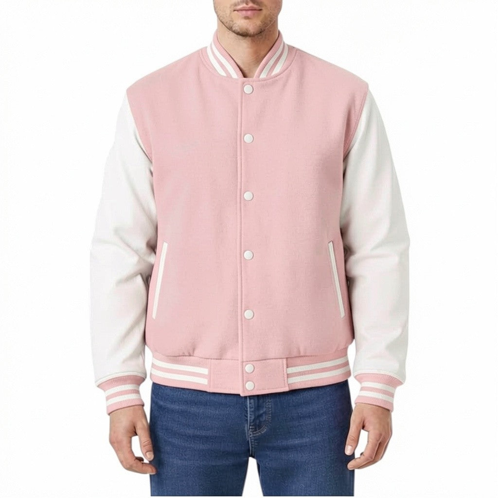 Baby Pink and white varsity jacket worn by a person on a white background