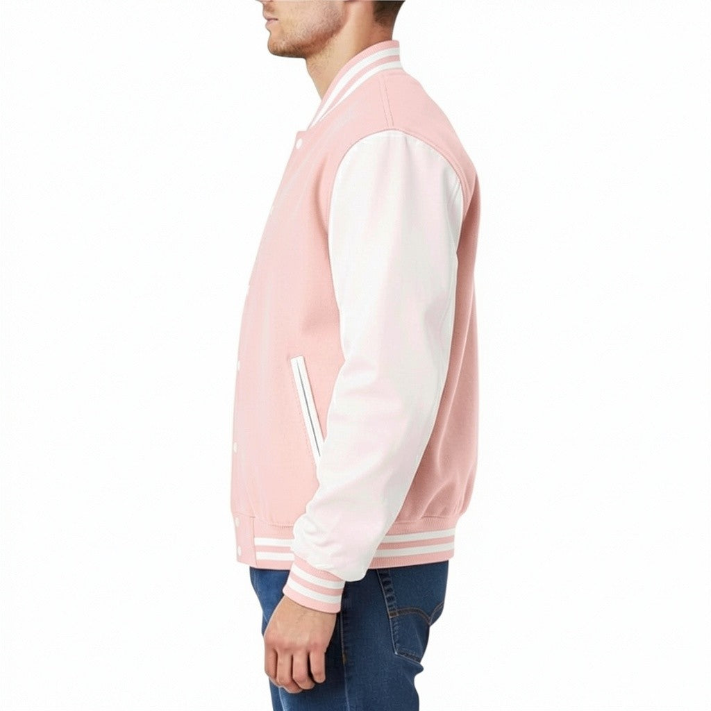 Person wearing a Baby pink and white varsity jacket on a white background