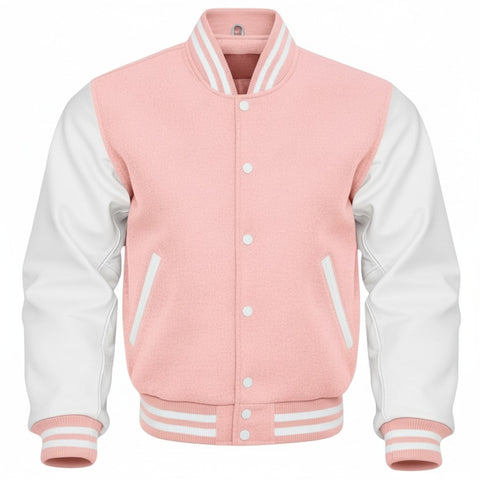 Baby Pink and white varsity jacket on a white background