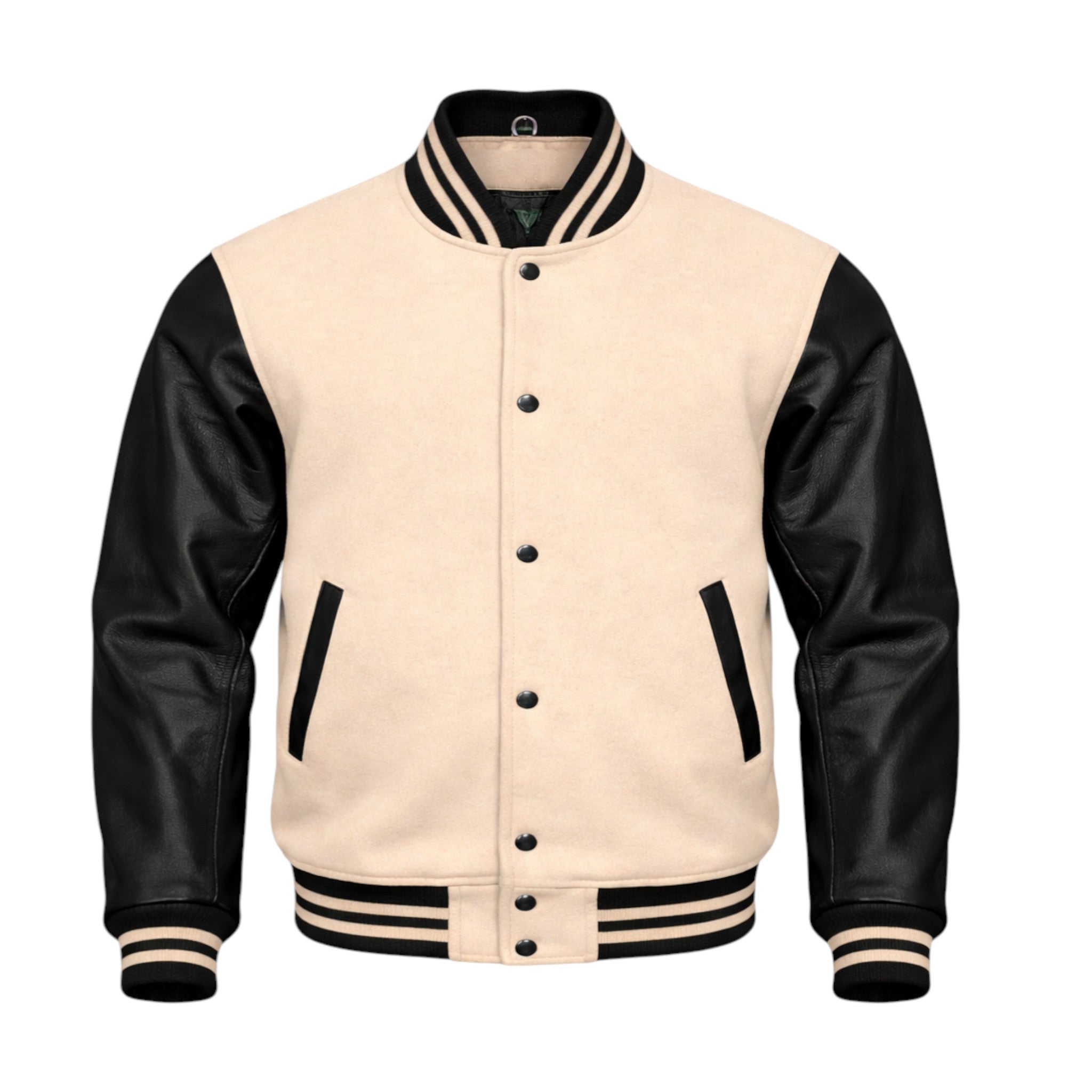 Beige and black varsity jacket on a white background
