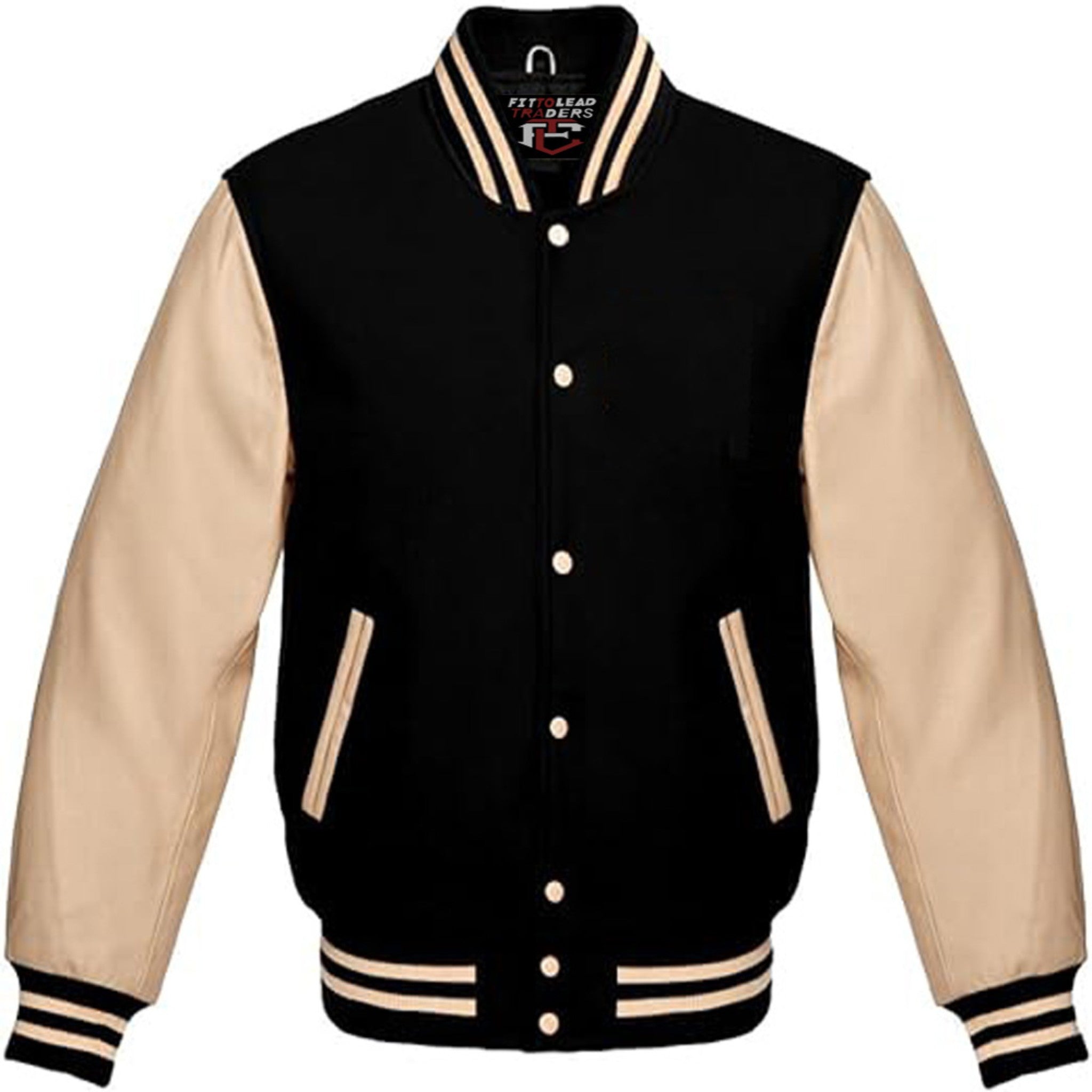 Classic Wool Varsity Jacket with Cream Leather Sleeves