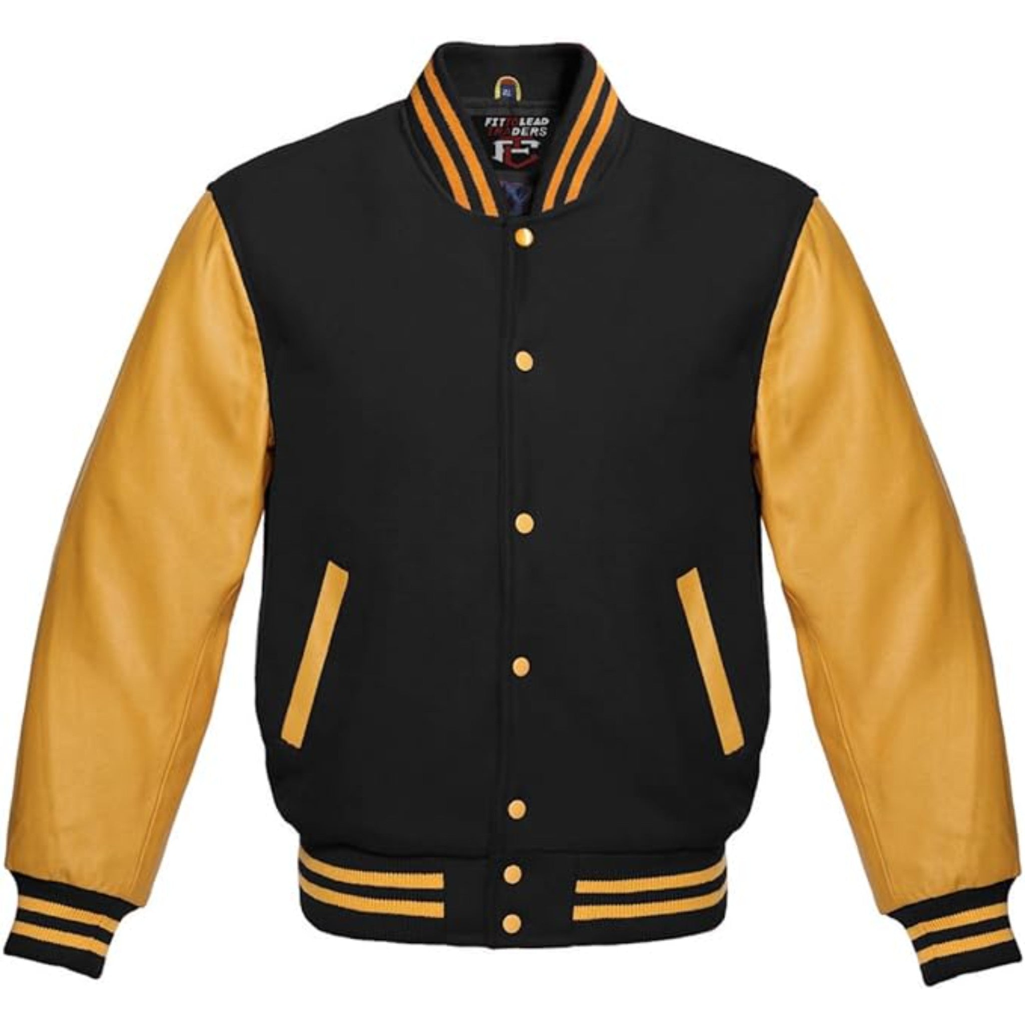 Modern Wool Bomber Jacket Gold Leather Sleeves Stylish Wear