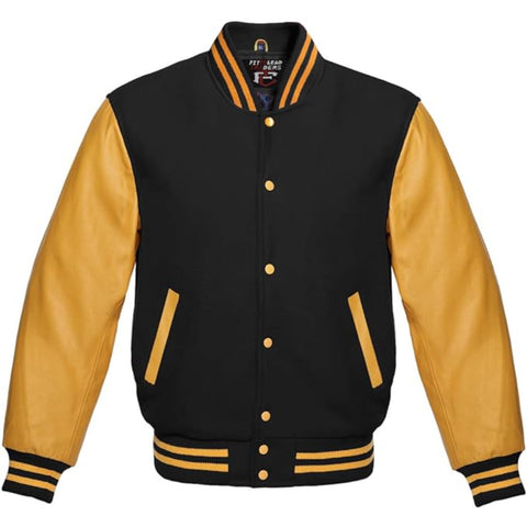Modern Wool Bomber Jacket Gold Leather Sleeves Stylish Wear