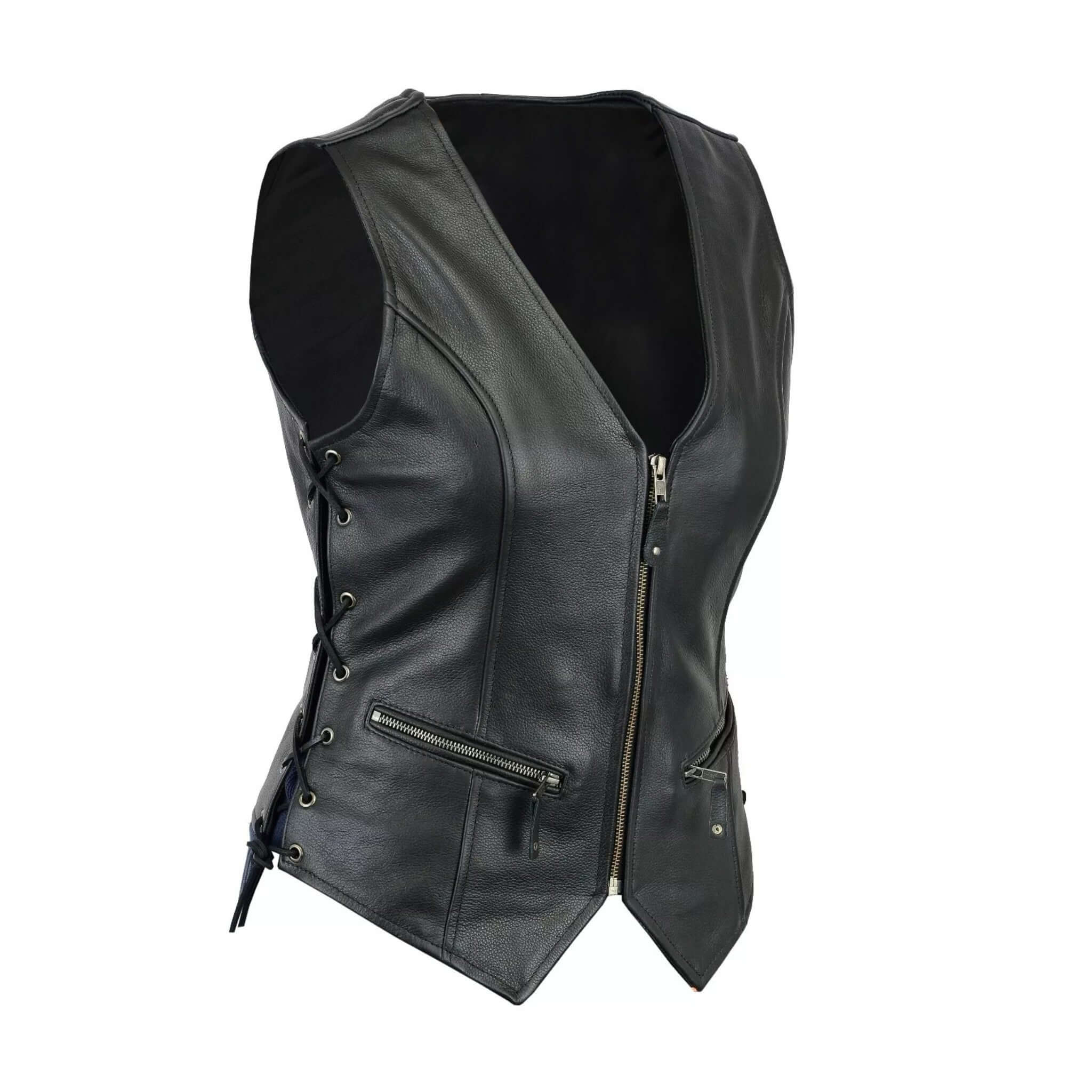 Black Leather Motorcycle Vest Cowhide Concealed Carry
