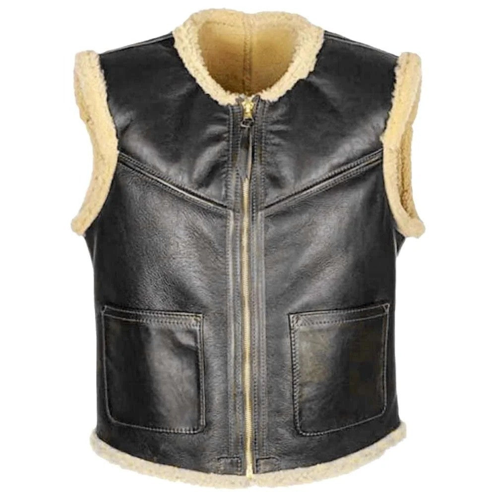 Black leather aviator-style vest with beige shearling lining on the collar, armholes, and hem, featuring a front zipper and two patch pockets.