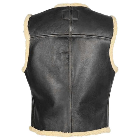 Black leather vest with cream shearling lining, shown from the back on a white background.