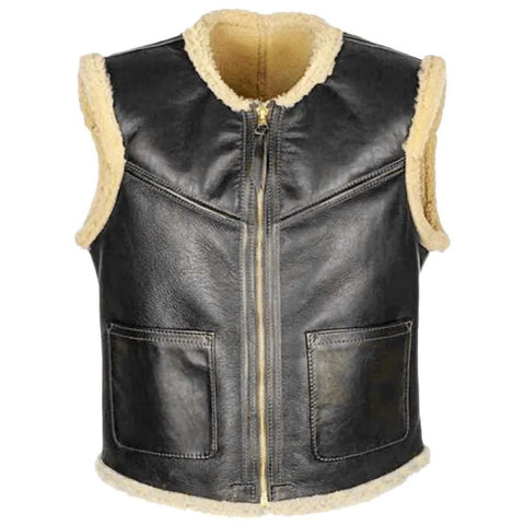 Black leather aviator-style vest with beige shearling lining on the collar, armholes, and hem, featuring a front zipper and two patch pockets.