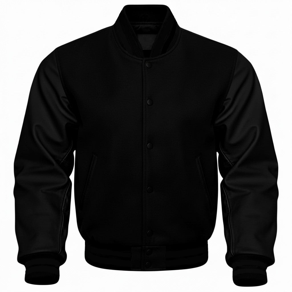 Black varsity jacket on a white background