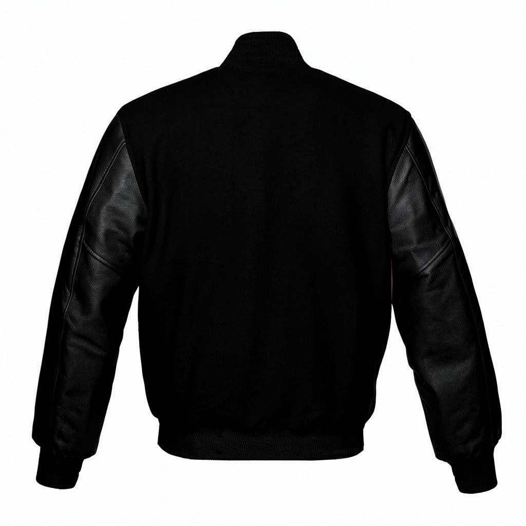 Black bomber jacket with black leather sleeves, shown from the back on a white background.