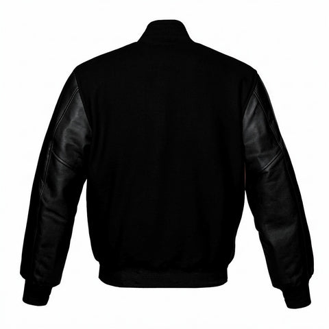 Black bomber jacket with black leather sleeves, shown from the back on a white background.
