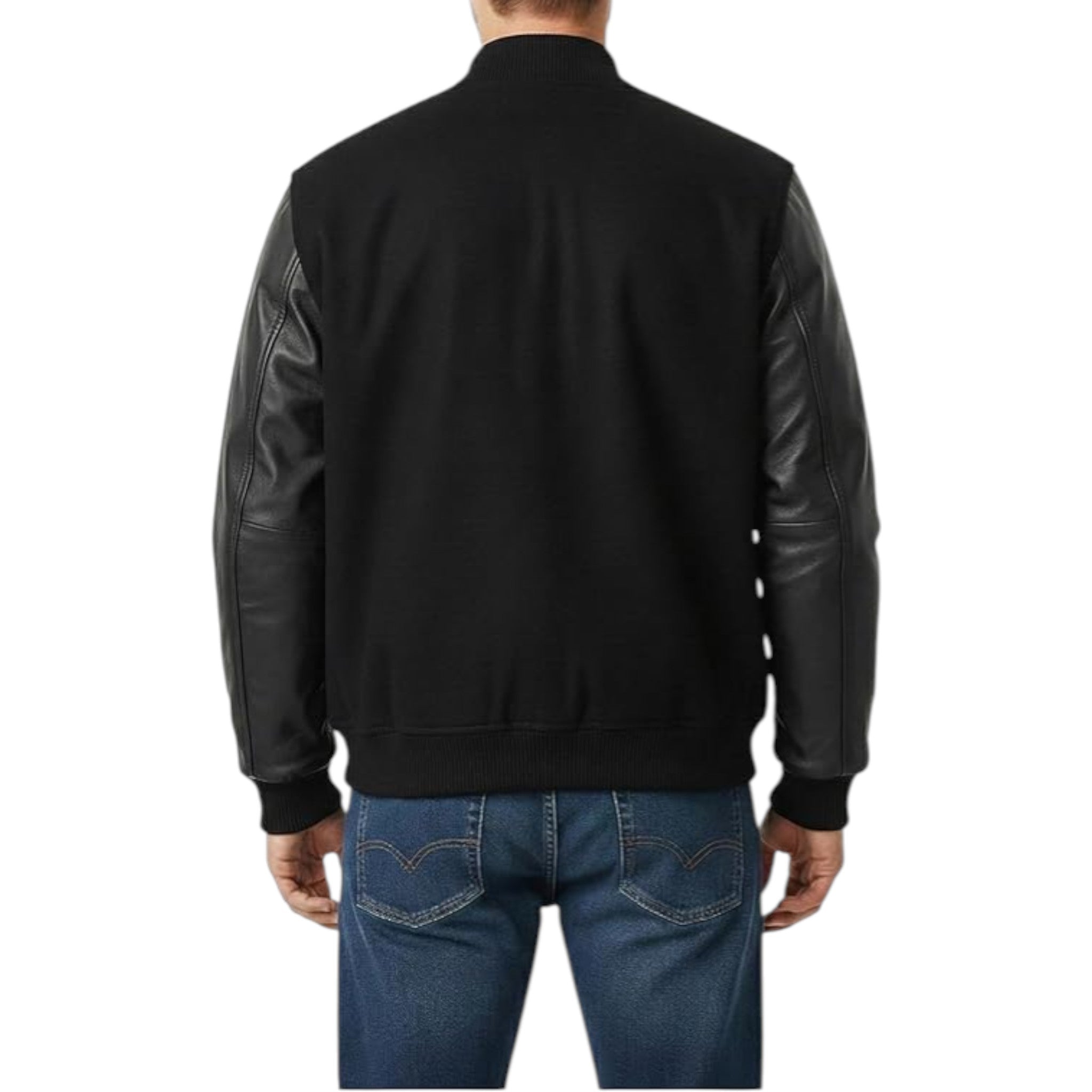 A man viewed from the back wearing a black bomber-style jacket with dark leather sleeves and blue jeans, against a plain white background.