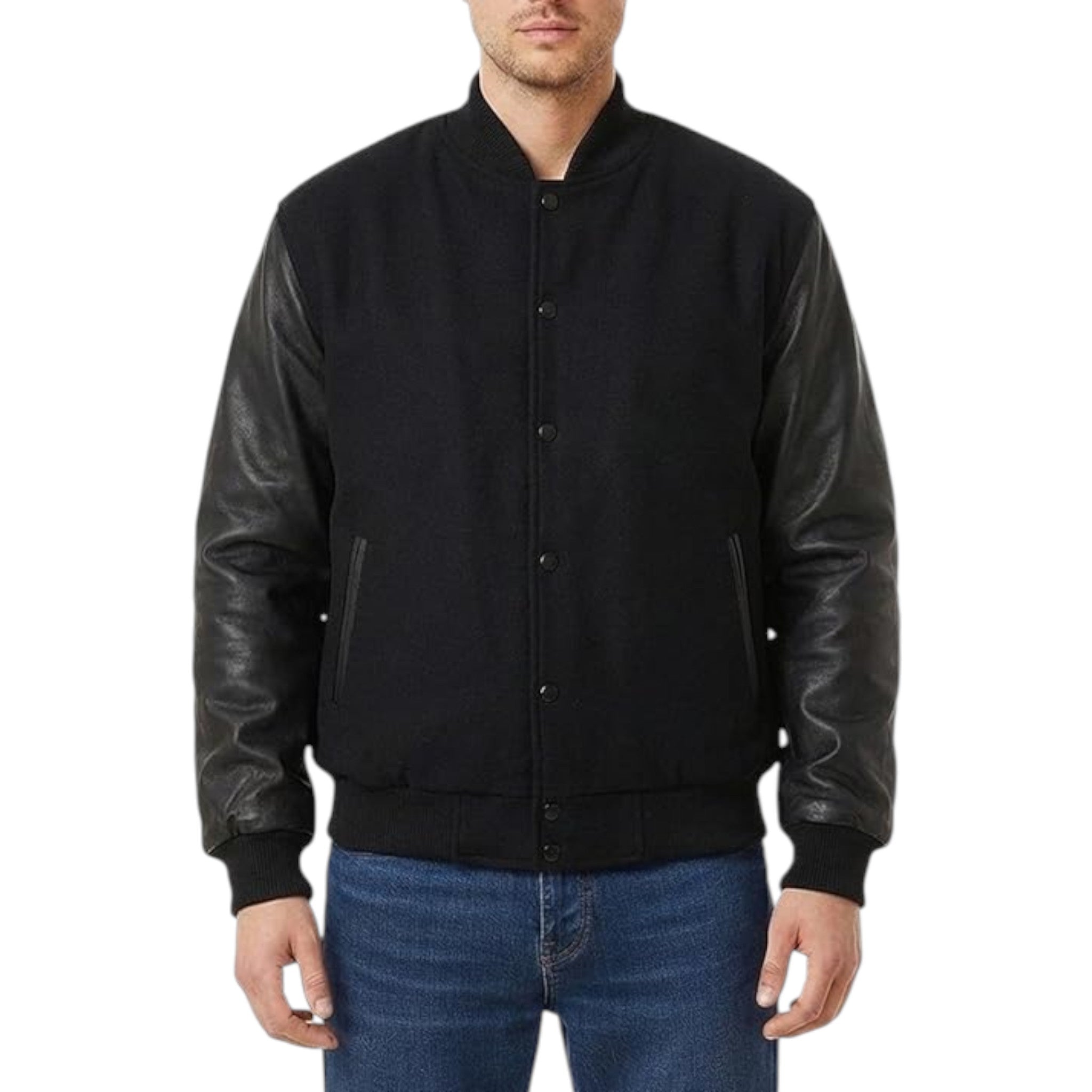 Black varsity jacket with leather sleeves worn by a person on a white background