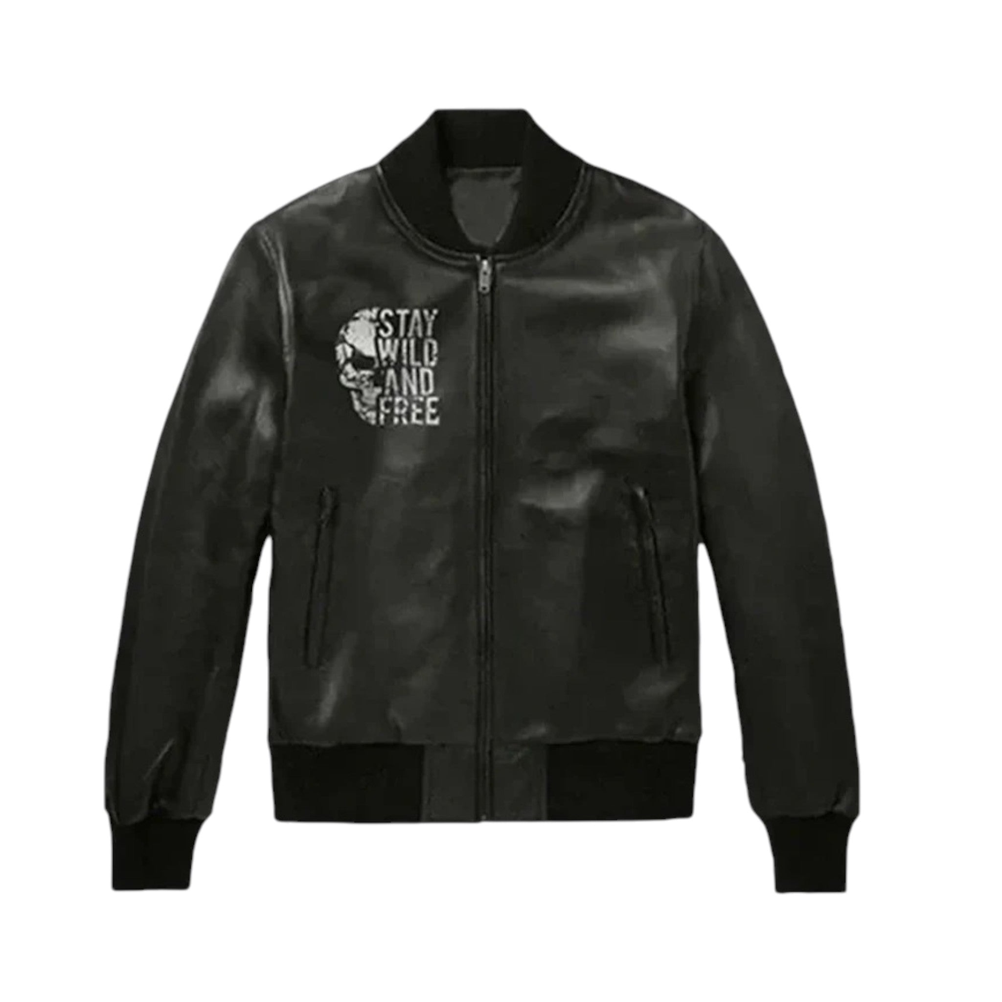 Black leather jacket with text design on a white background