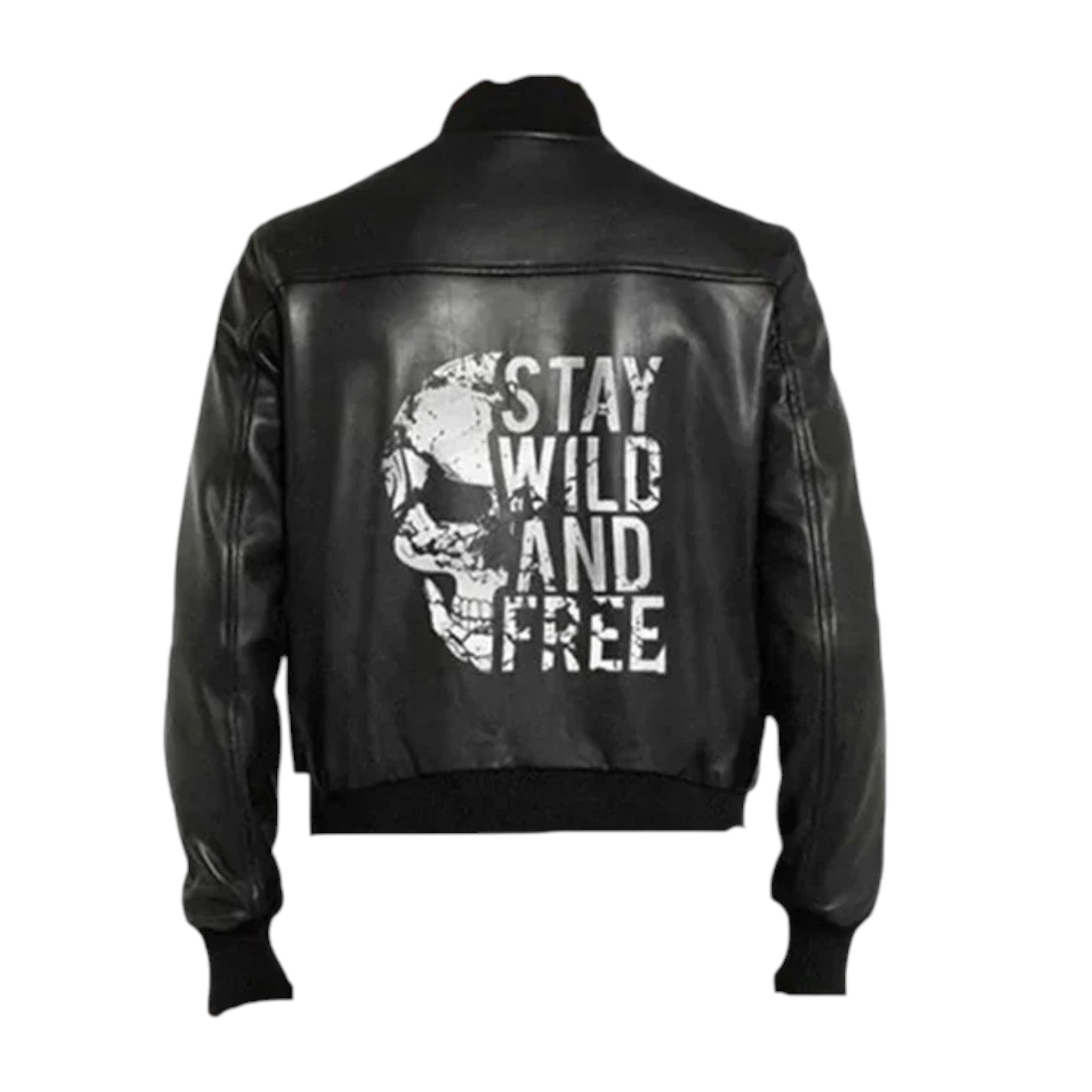 Black leather jacket with skull design and 'Stay Wild and Free' text on a white background