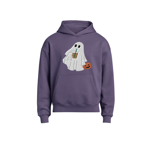 A purple pullover hoodie featuring a graphic of a white ghost holding a pumpkin and a drink, displayed on a clean white background.
