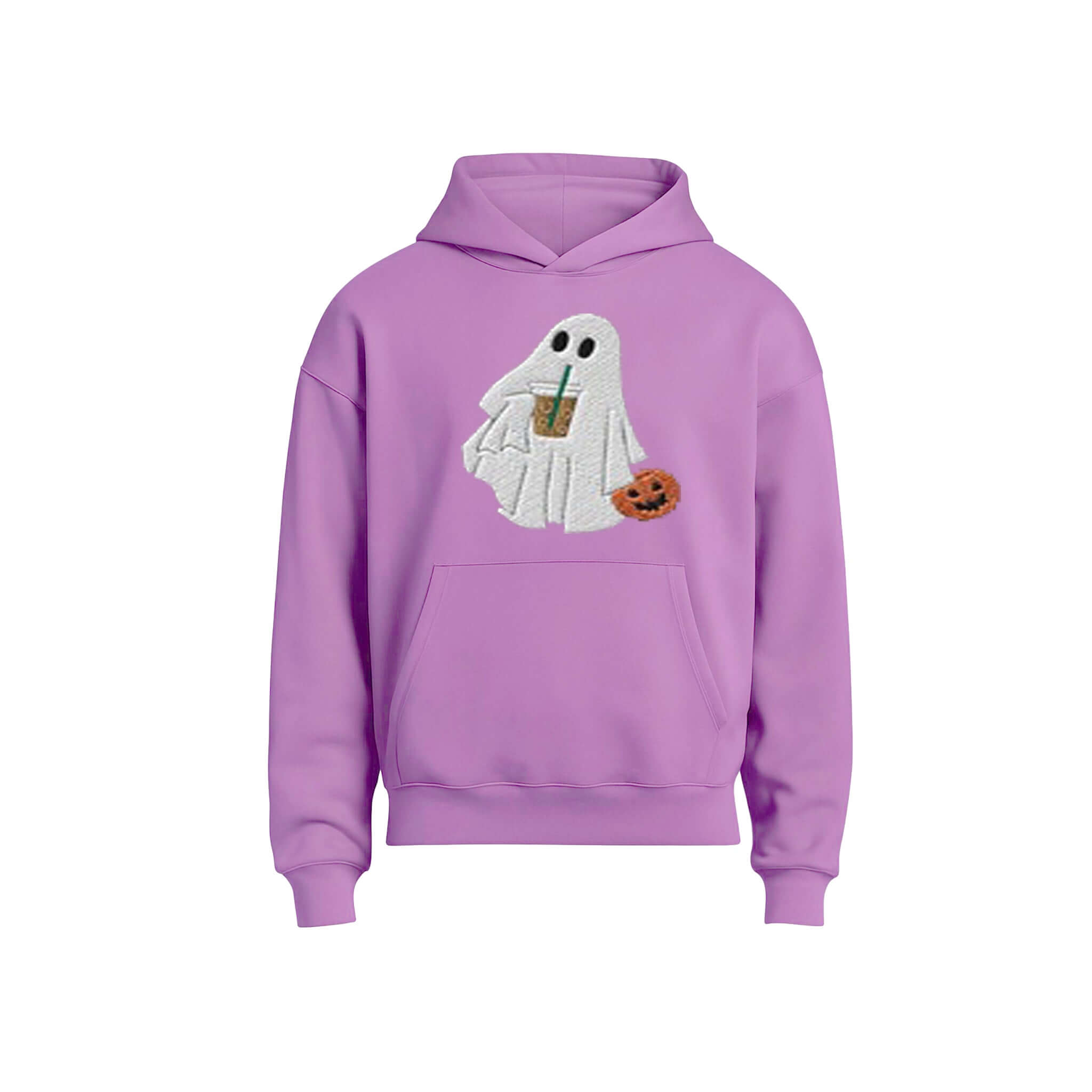 A lavender purple pullover hoodie featuring a graphic of a white ghost holding a pumpkin and a drink, displayed on a clean white background.