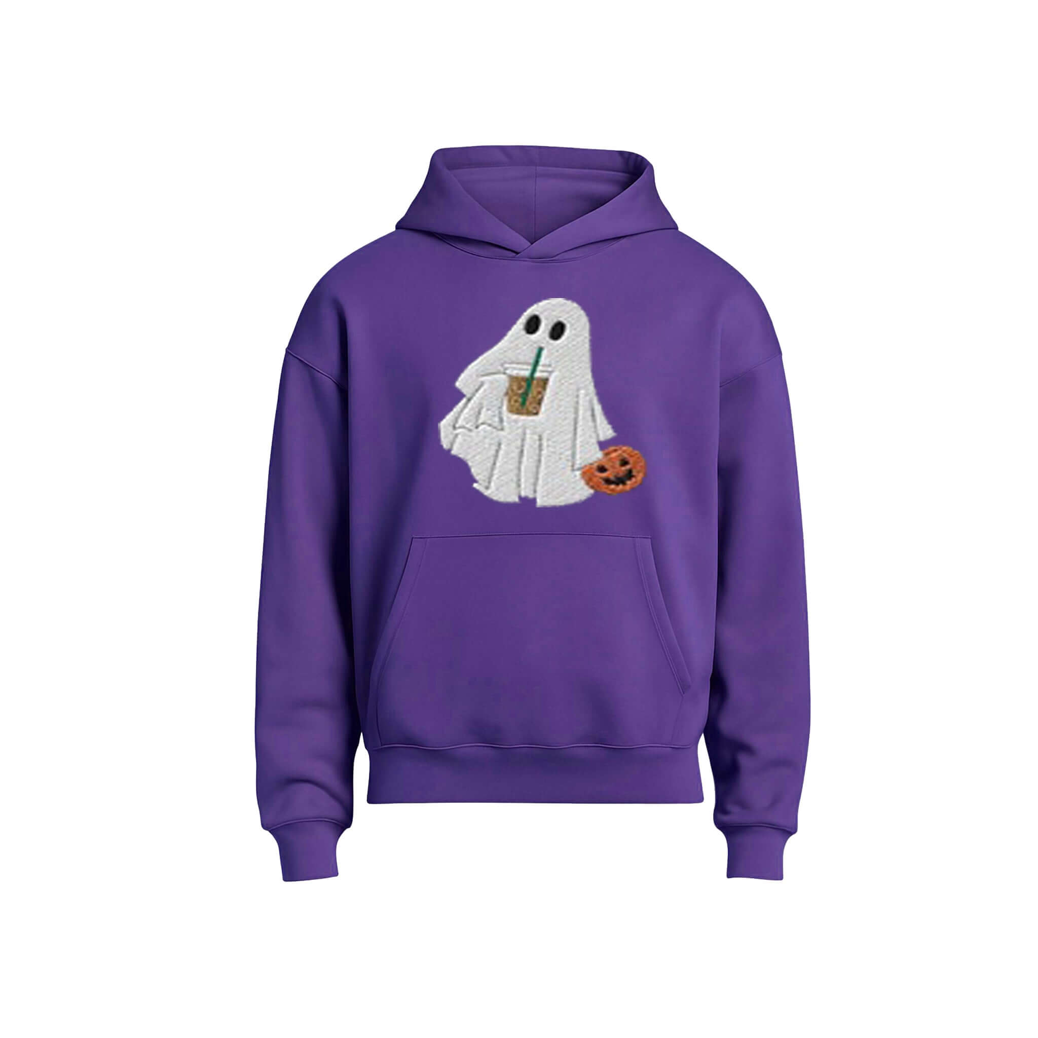 A purple pullover hoodie featuring a graphic of a white ghost holding a pumpkin and a drink, displayed on a clean white background.
