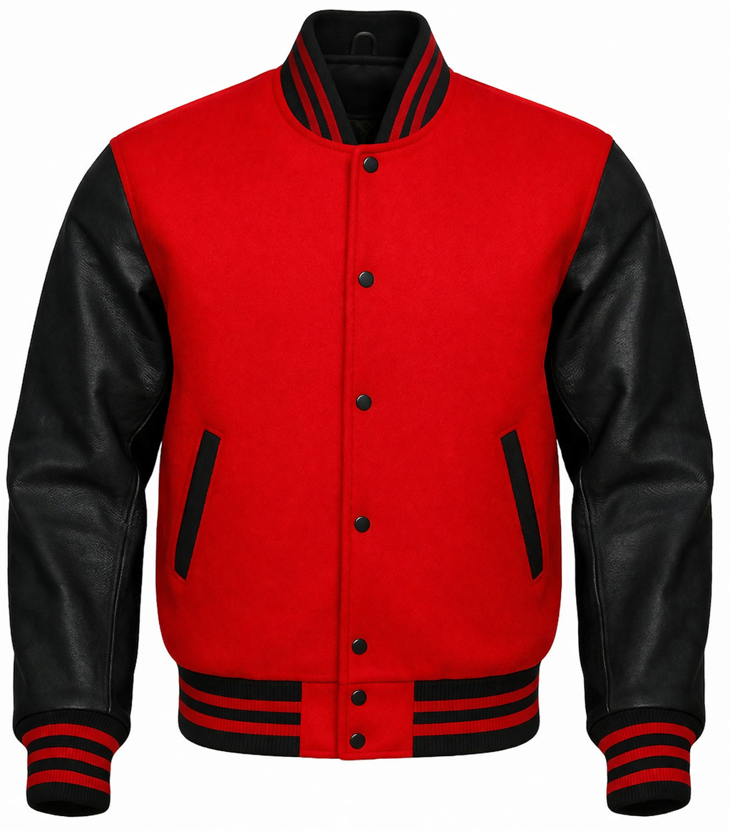 A varsity-style jacket with a Bright Red body and black leather sleeves, featuring black and white striped ribbed collar, cuffs, and hem, and black button closures.