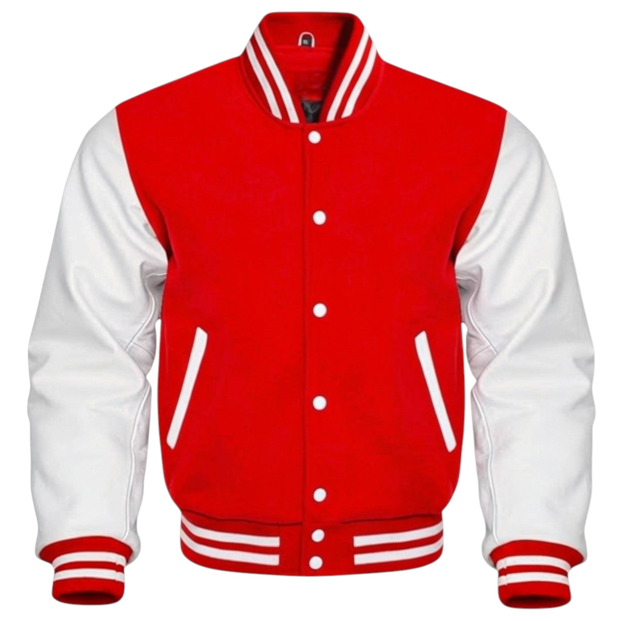 Bright Red and white varsity jacket on a white background