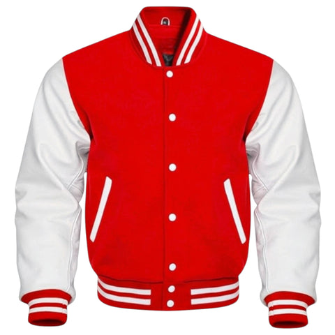 Bright Red and white varsity jacket on a white background
