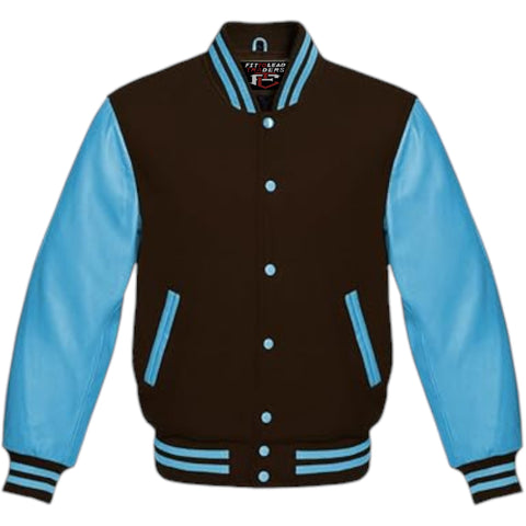 Multicolor Wool Varsity Jacket Genuine Sky Leather Sleeves Streetwear
