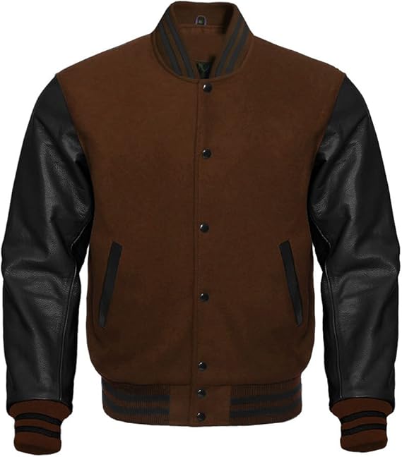 A brown and black varsity jacket with a brown suede-like body, black leather-look sleeves, and black ribbed trim on the collar, cuffs, and hem.
