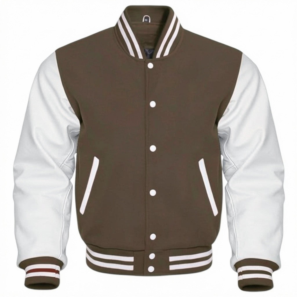 Brown and white varsity jacket on a white background
