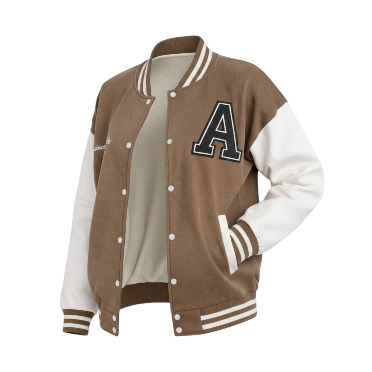 Brown and white varsity jacket with letter 'A' on a white background