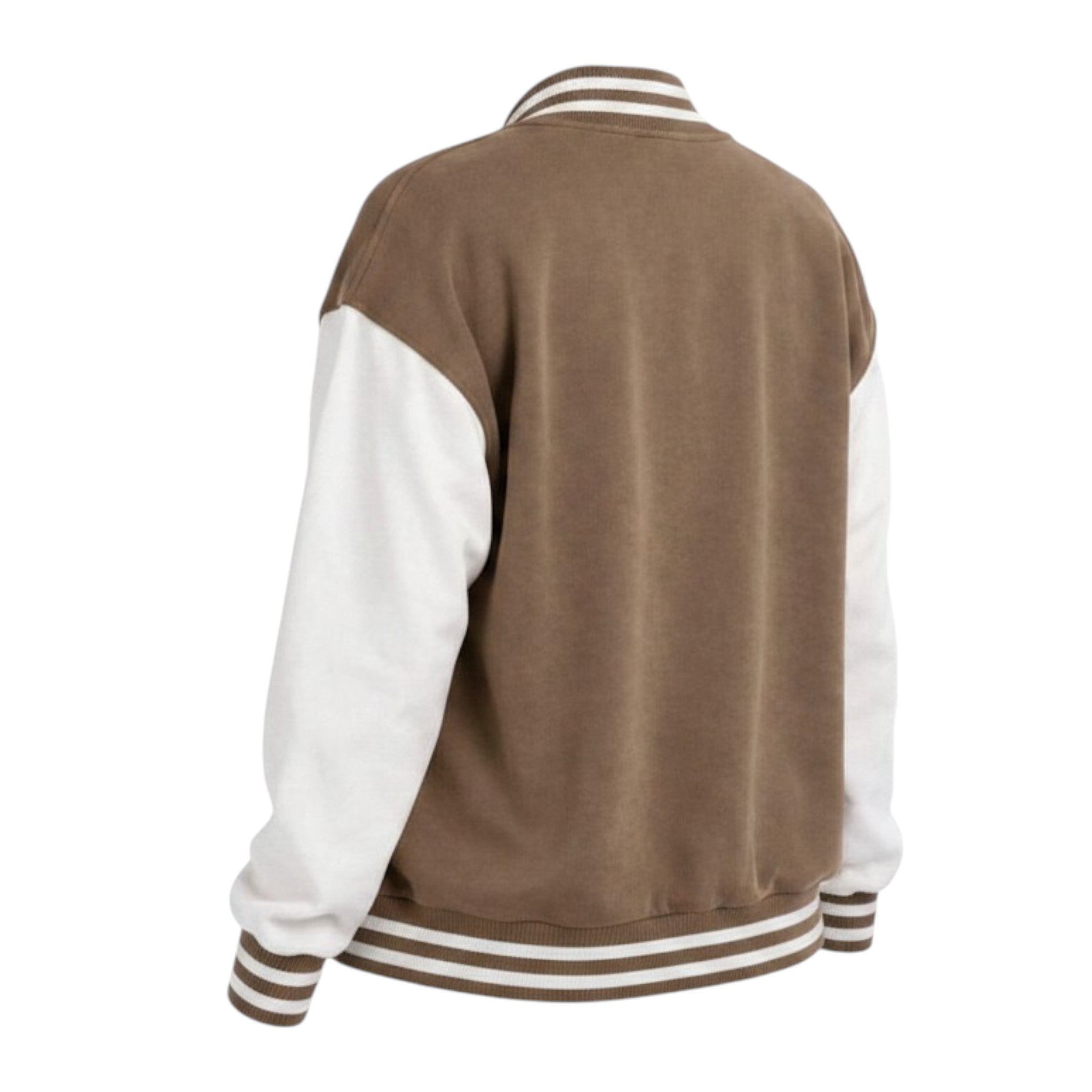 Brown and white varsity jacket on a white background