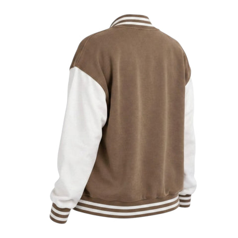 Brown and white varsity jacket on a white background