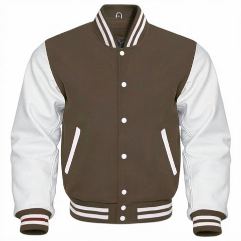 Brown and white varsity jacket on a white background