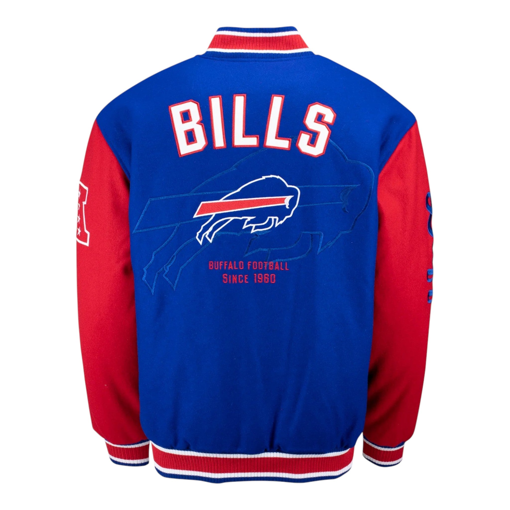 Blue and red jacket with 'Bills' branding on a white background